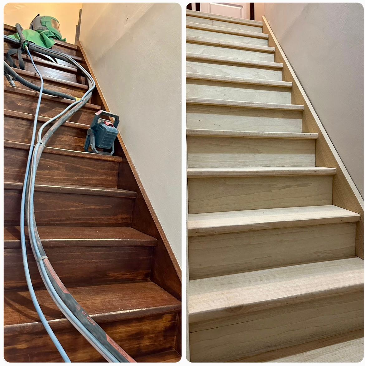 Aérogommage escalier bois peint