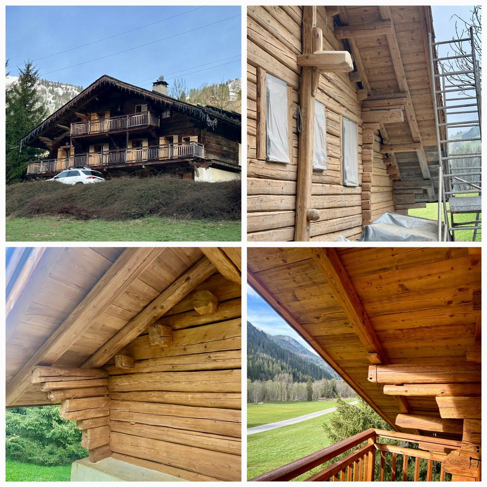 Chalet de montagne en bois avant et après aérogommage, location d'aérogommeuse à Faverges